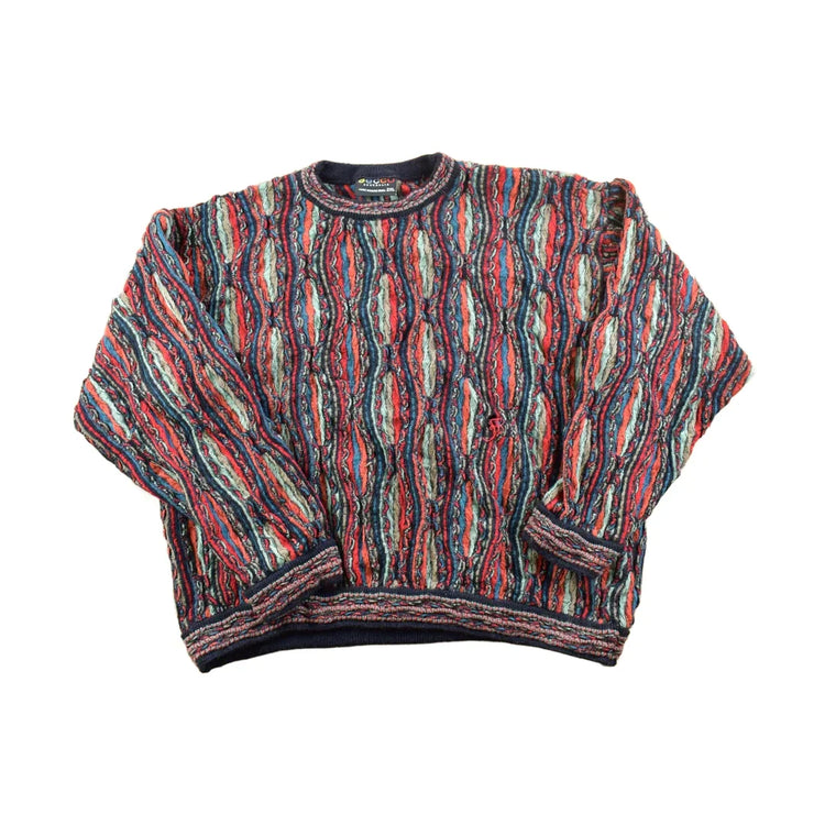 Vintage 1990s Gecco Australia Pure Marino Wool 3D Colored Cable Knit Crewneck Sweater from propervintagecanada