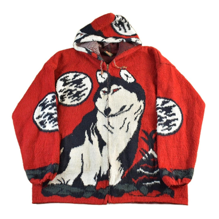 Vintage 1990s Genesis Wolf Ecuadorian Wool Knit Full Zip Hooded Sweater Men's XL from propervintagecanada