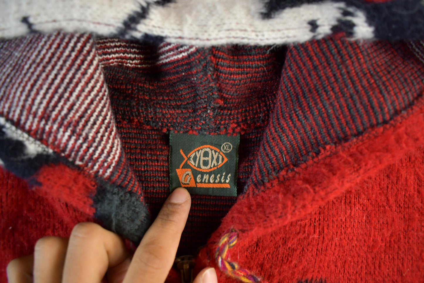 Vintage 1990s Genesis Wolf Ecuadorian Wool Knit Full Zip Hooded Sweater Men's XL from propervintagecanada