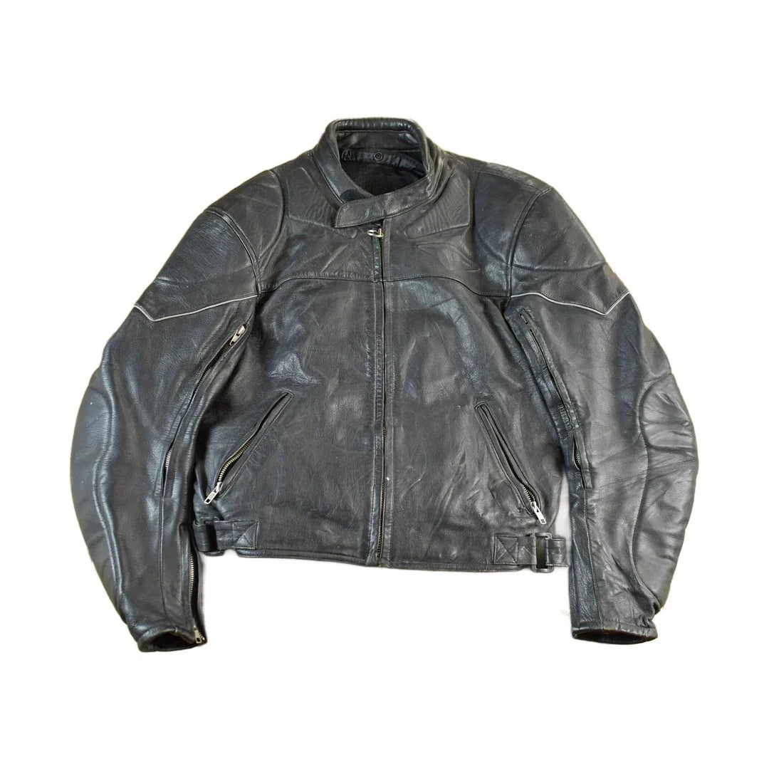 Vintage 1990s Genuine Leather Biker Jacket Padded Sleeve Adult Large Men's Medium from propervintagecanada