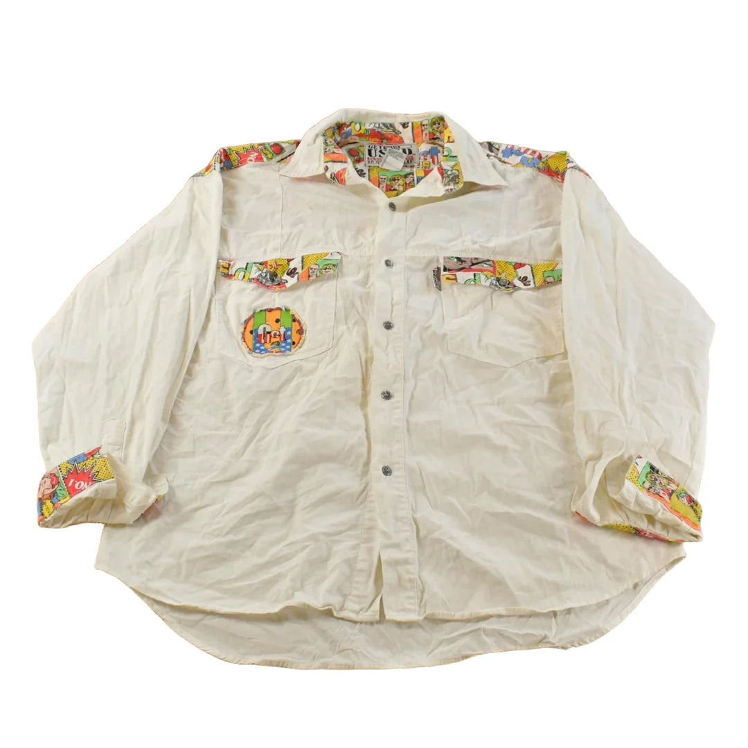 Vintage 1990s Get Used By Elie Pop Comic Art Button Up Shirt Men's L-XL from propervintagecanada