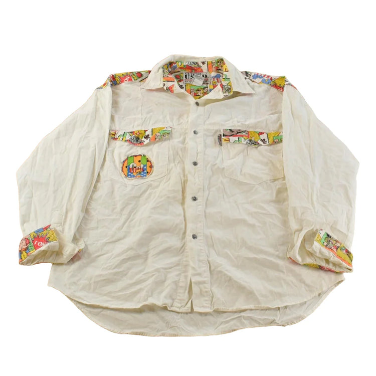 Vintage 1990s Get Used By Elie Pop Comic Art Button Up Shirt Men's L-XL from propervintagecanada