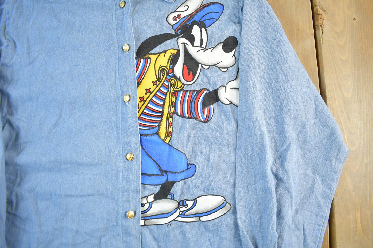 Vintage 1990s Goofy Disney Denim Button Up Shirt Women's Large from propervintagecanada