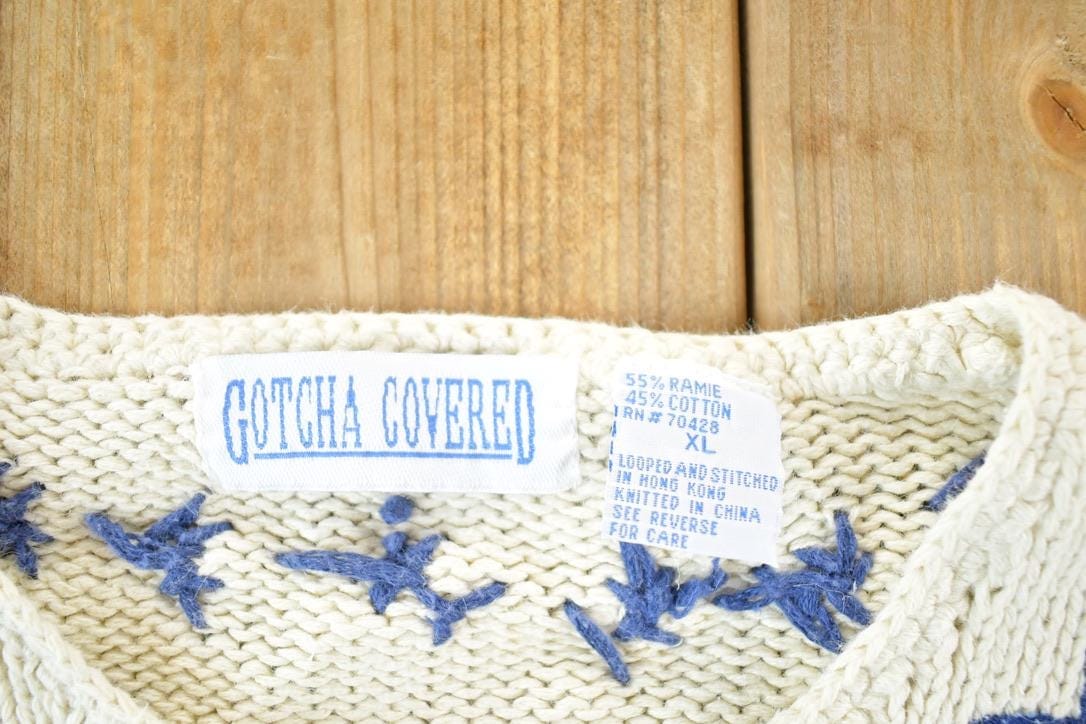 Vintage 1990s Gotcha Covered Denim Star Knit Button Up Crewneck Sweater Womens XL from propervintagecanada