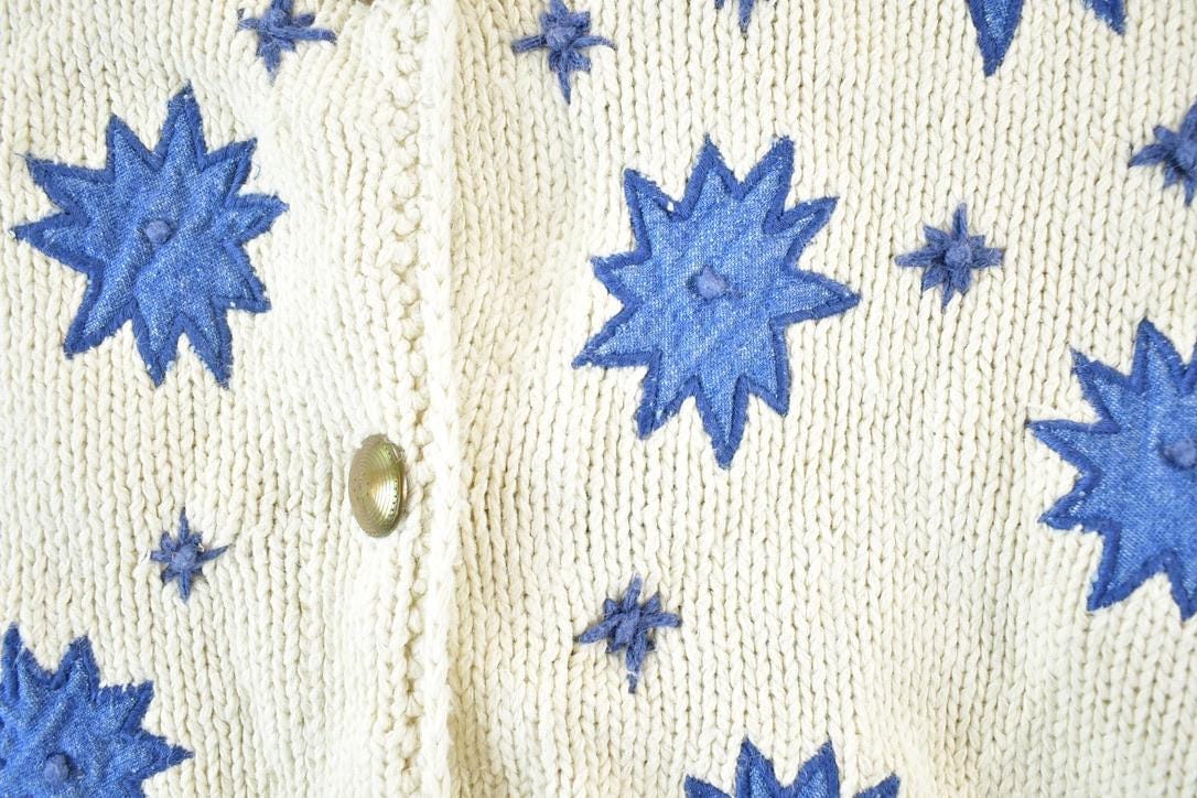 Vintage 1990s Gotcha Covered Denim Star Knit Button Up Crewneck Sweater Womens XL from propervintagecanada