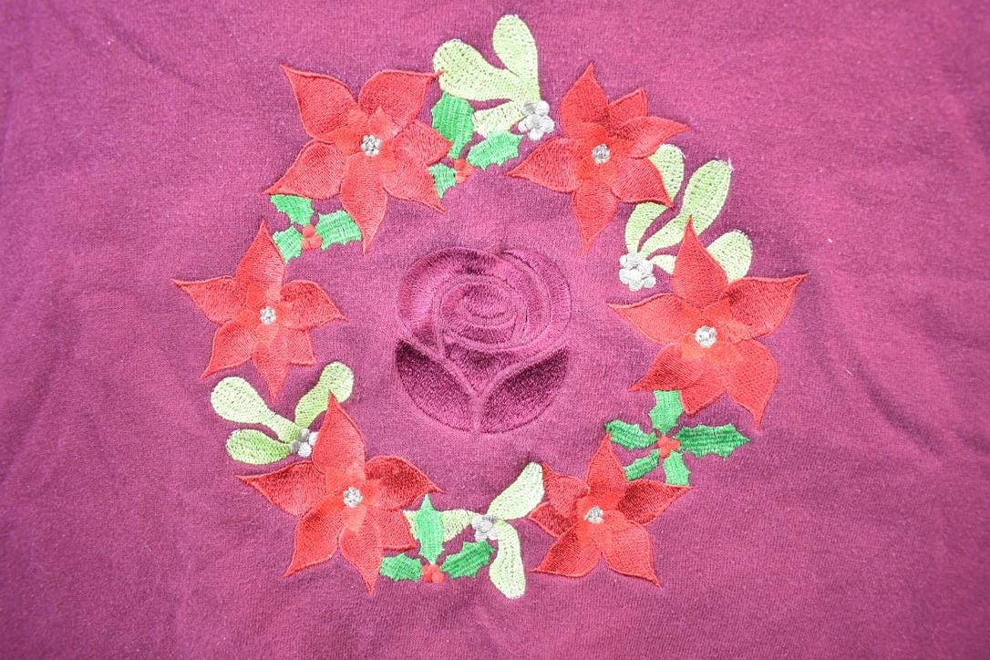 Vintage 1990s Grafitti Custom Embroidered Sportswear Floral Rose Cute Crewneck Sweater Men's Small from propervintagecanada