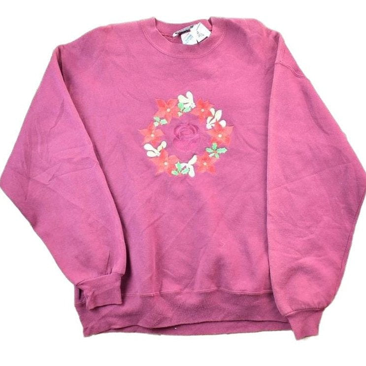 Vintage 1990s Grafitti Custom Embroidered Sportswear Floral Rose Cute Crewneck Sweater Men's Small from propervintagecanada