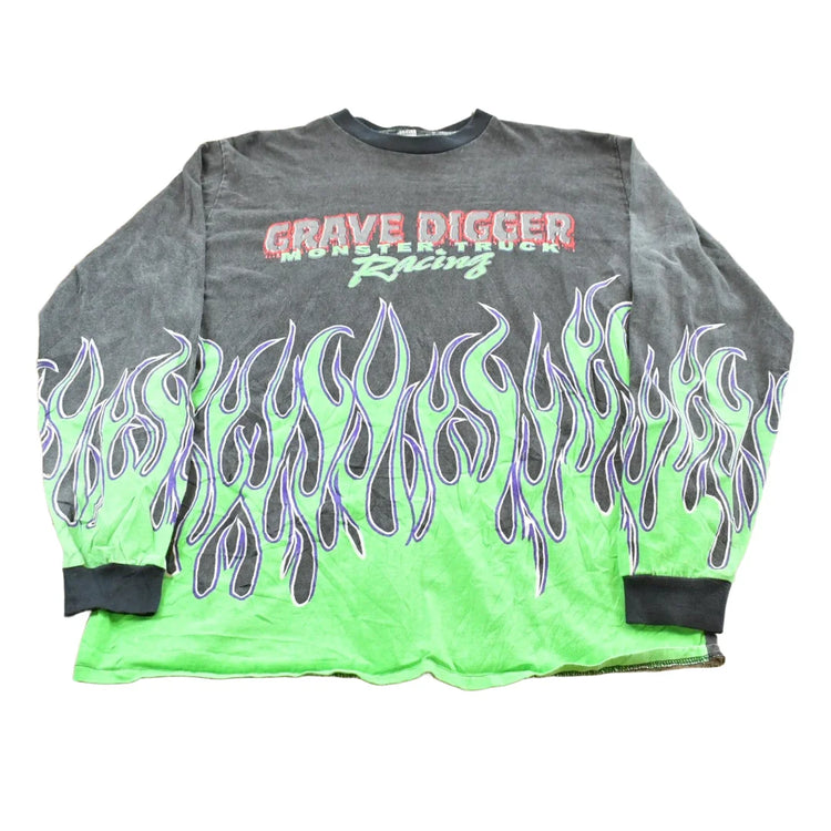 Vintage 1990s Grave Digger Flame AOP Monster Truck Graphic Long Sleeve T-Shirt Men's XL from propervintagecanada