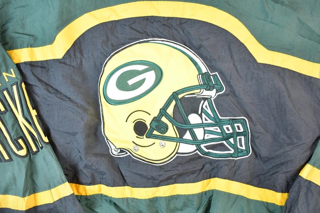 Vintage 1990s Green Bay Packers AOP Proline Logo Athletic NFL Football Warm Up Spring Jacket Men's Large from propervintagecanada