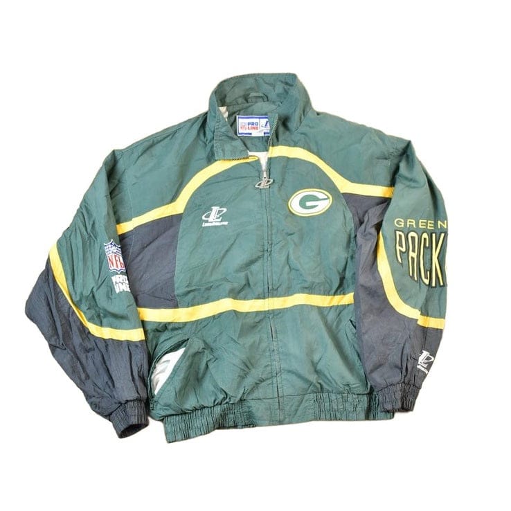 Vintage 1990s Green Bay Packers AOP Proline Logo Athletic NFL Football Warm Up Spring Jacket Men's Large from propervintagecanada