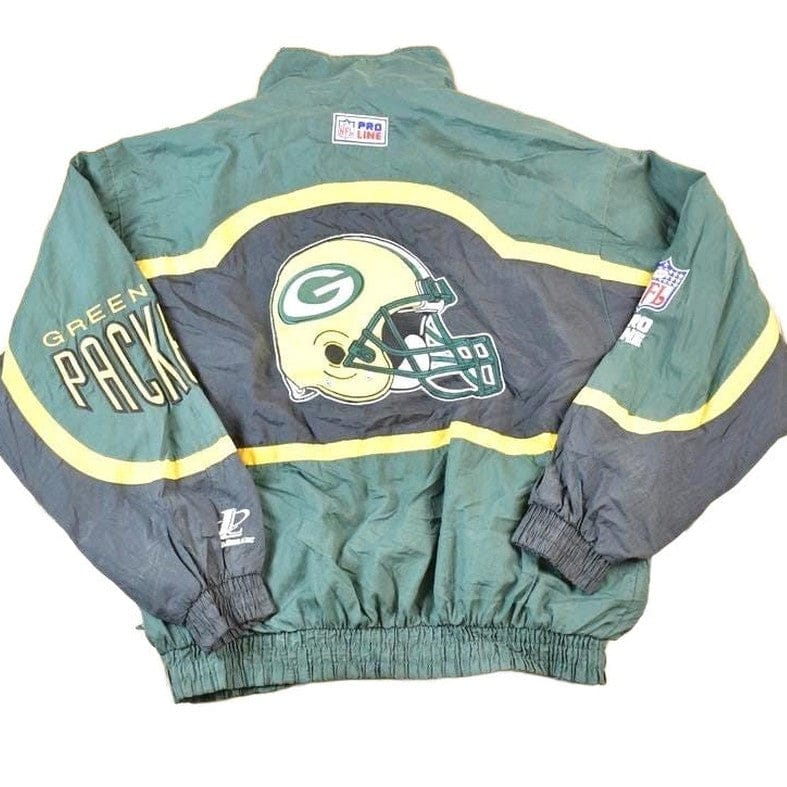 Vintage 1990s Green Bay Packers AOP Proline Logo Athletic NFL Football Warm Up Spring Jacket Men's Large from propervintagecanada
