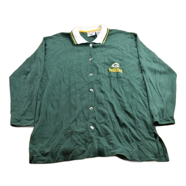 Vintage 1990s Green Bay Packers NFL Button Up Collared Sweatshirt Men's Medium from propervintagecanada