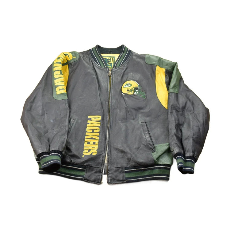 Vintage 1990s Green Bay Packers NFL Leather Bomber Jacket Men's XL from propervintagecanada
