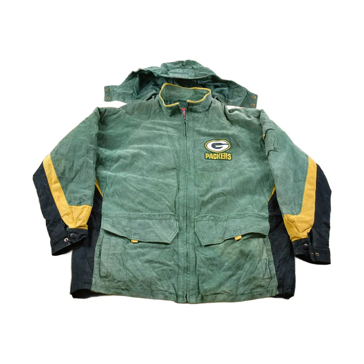 Vintage 1990s Green Bay Packers NFL Suede Full Zip Jacket Men's 2XL from propervintagecanada