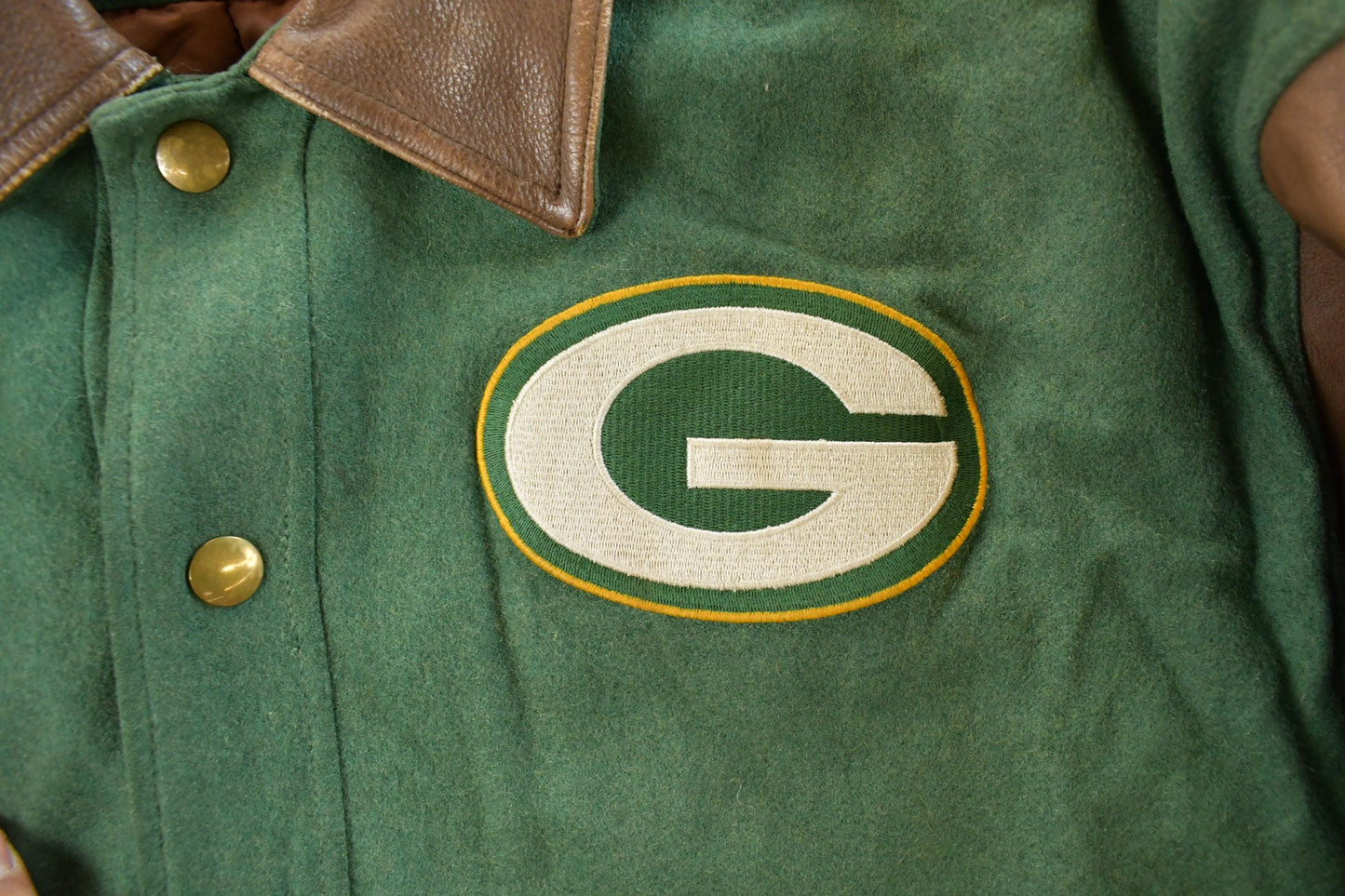 Vintage 1990s Green Bay Packers NFL Wool Leather Varsity Jacket Men's Large from propervintagecanada