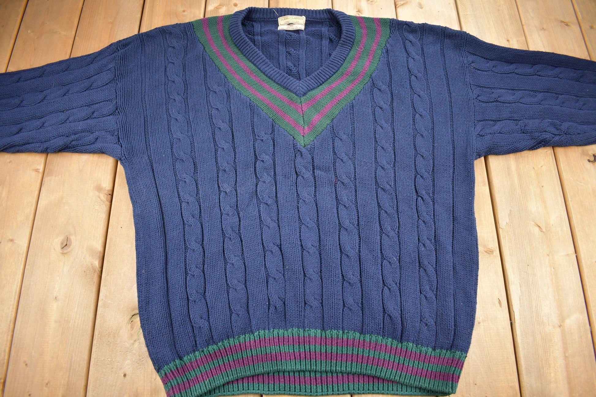 Vintage 1990s Guess Classics V-Neck Knit Colligate Sweater Men's XL from propervintagecanada