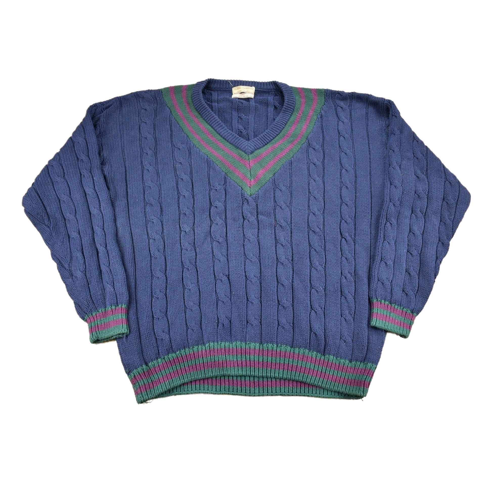 Vintage 1990s Guess Classics V-Neck Knit Colligate Sweater Men's XL from propervintagecanada