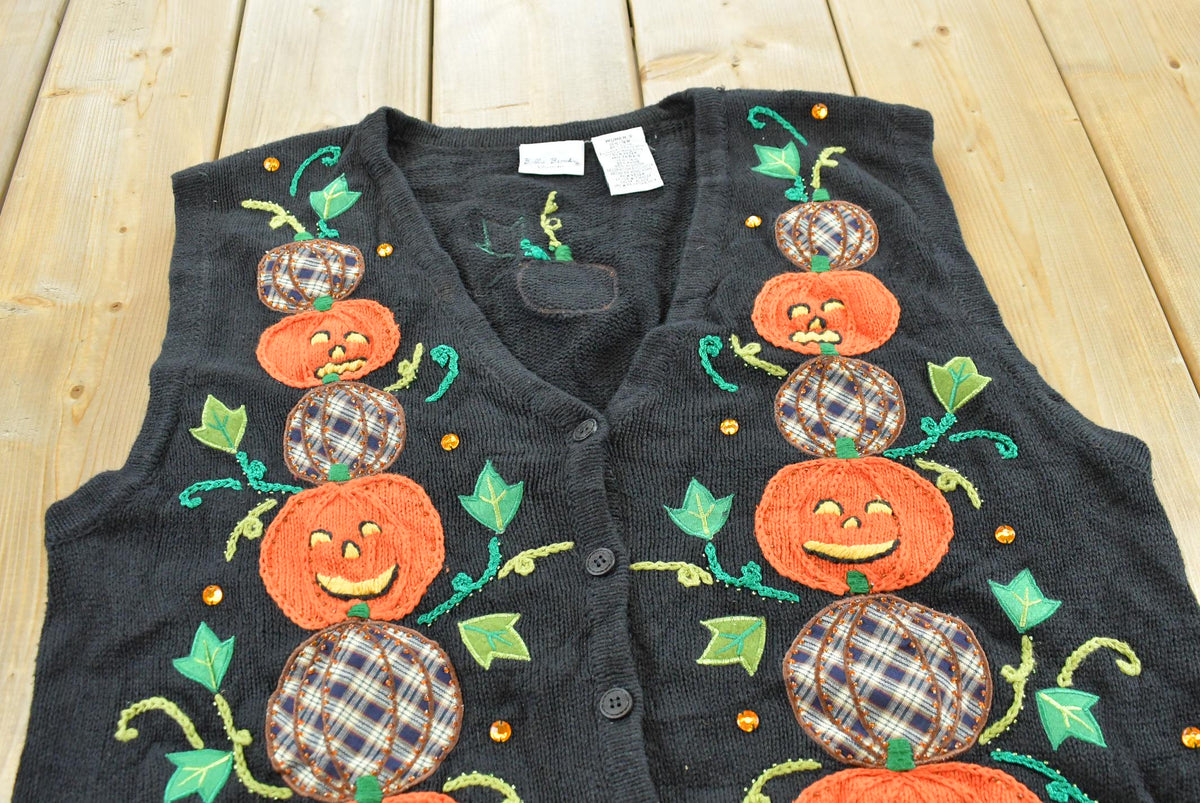 Vintage 1990s Halloween Pumpkin Embroidered Cotton Knit Sweater Vest Women's XL / Made in Hong Kong / Spooky Season / 90s Streetwear from propervintagecanada