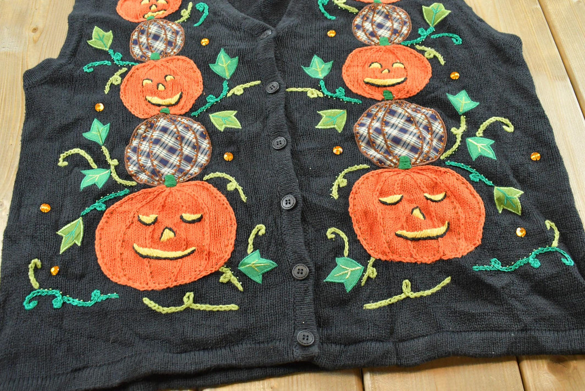Vintage 1990s Halloween Pumpkin Embroidered Cotton Knit Sweater Vest Women's XL / Made in Hong Kong / Spooky Season / 90s Streetwear from propervintagecanada