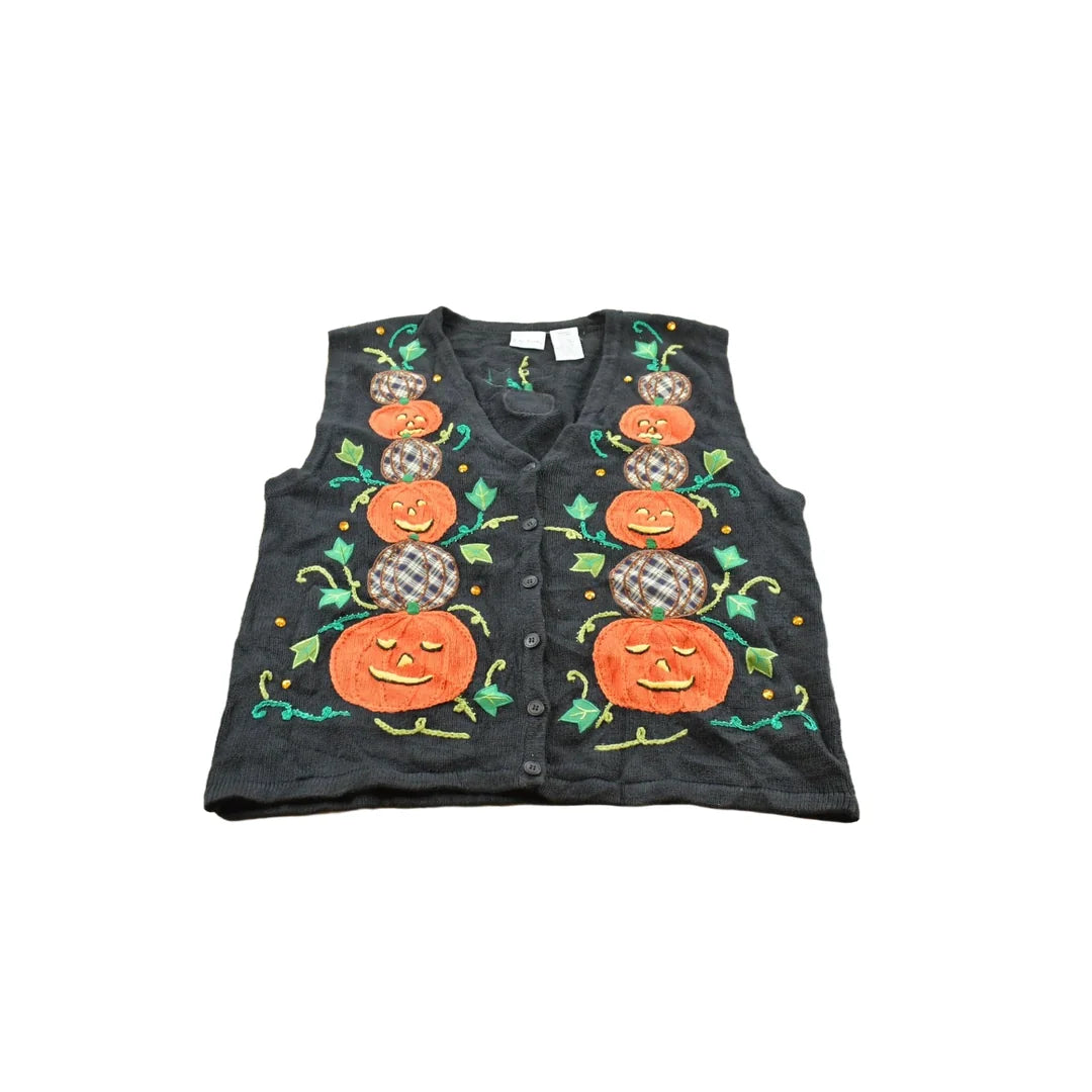 Vintage 1990s Halloween Pumpkin Embroidered Cotton Knit Sweater Vest Women's XL / Made in Hong Kong / Spooky Season / 90s Streetwear from propervintagecanada