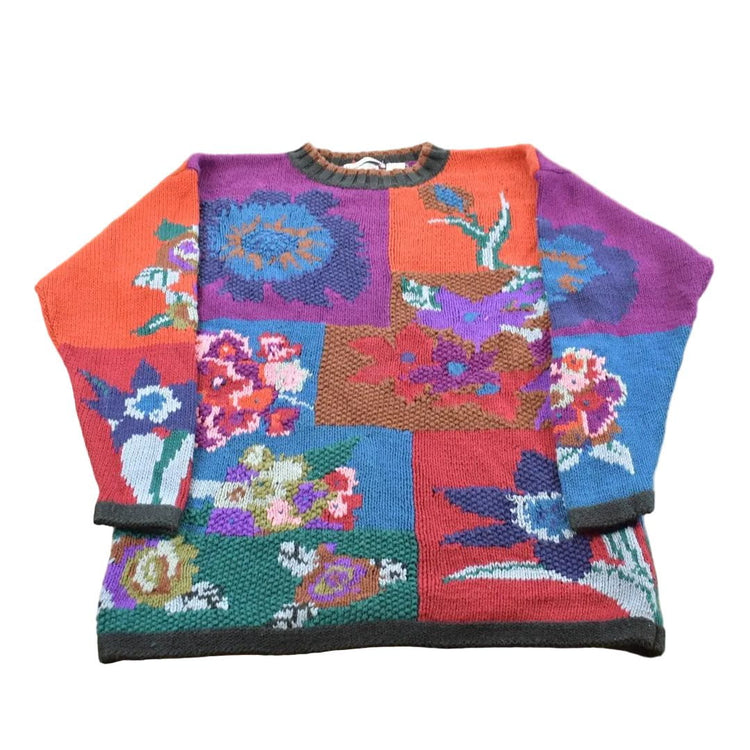 Vintage 1990s Hand Knitted All Over Floral Graphic Crewneck Sweater Mens M from propervintagecanada