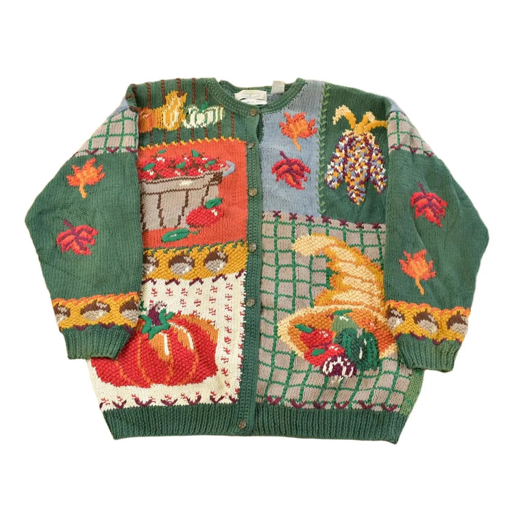 Vintage 1990s Hand Knitted Autumn Theme North Isle Cardigan Sweater Women's L from propervintagecanada