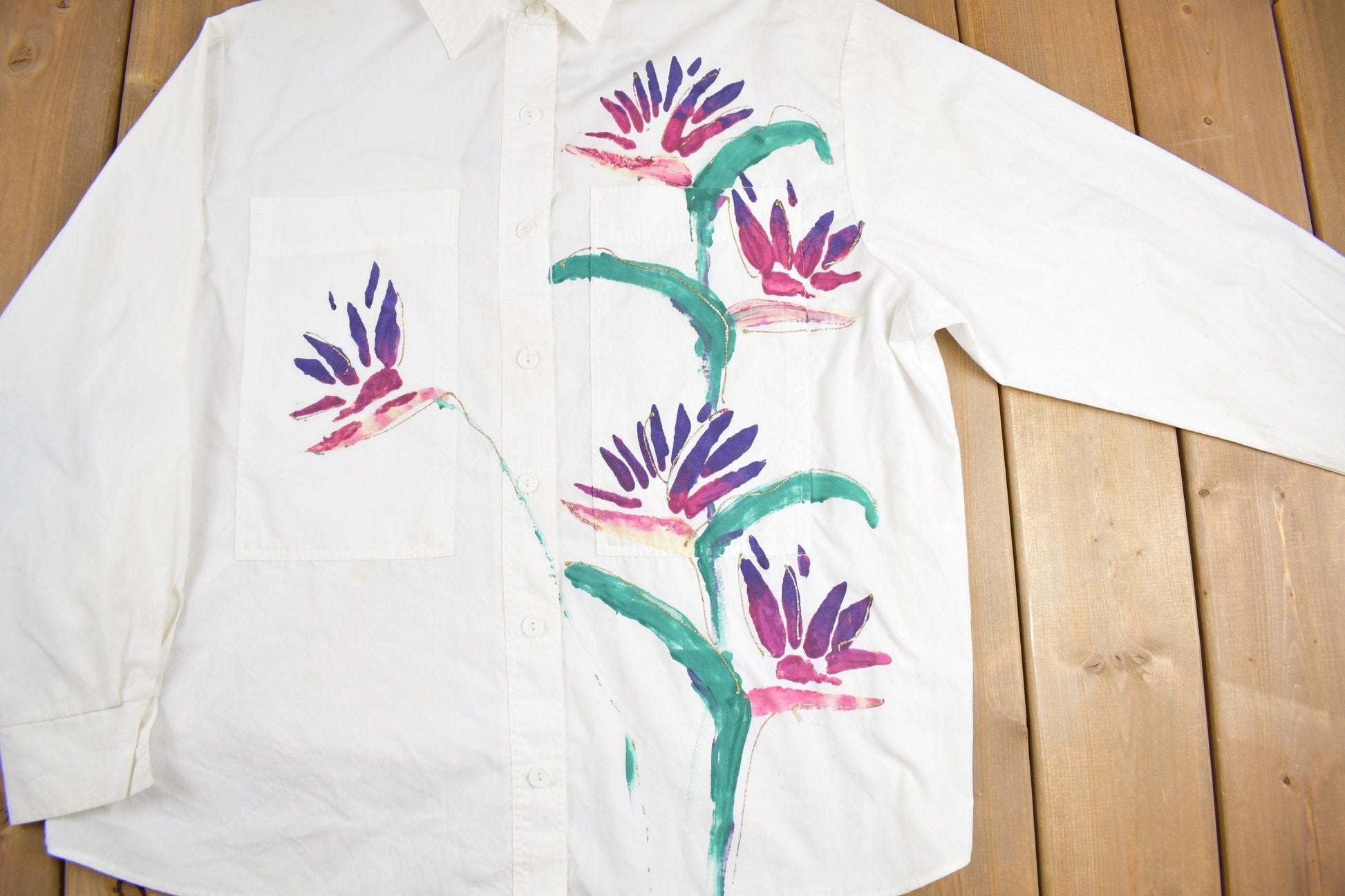 Vintage 1990s Hand Painted Floral Button Up Shirt Men's 2XL from propervintagecanada