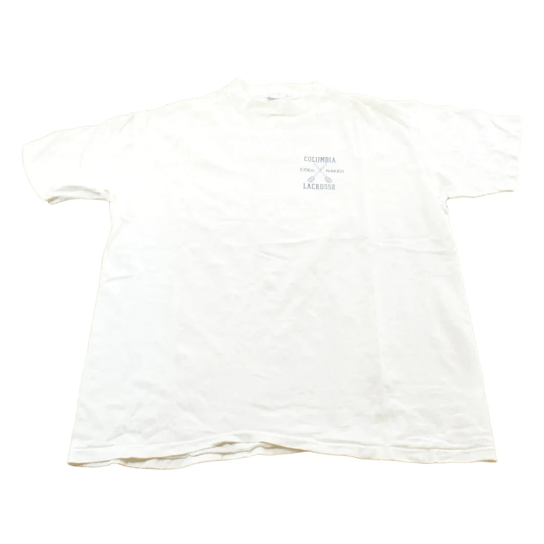 Vintage 1990s Hanes Beefy Columbia Coed Naked Lacrosse T-Shirt Men's L from propervintagecanada