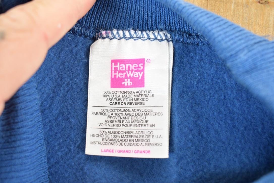 Vintage 1990s Hanes Her Way Blank Blue Crewneck Sweatshirt Womens L from propervintagecanada