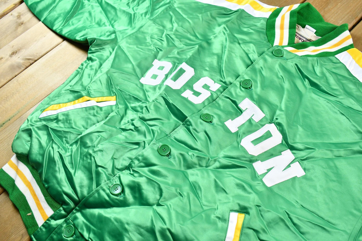 Vintage 1990s Hardwood Classics Bill Russell Boston Celtics NBA Basketball Embroidered Snap Button Satin Bomber Jacket Men's XL from propervintagecanada
