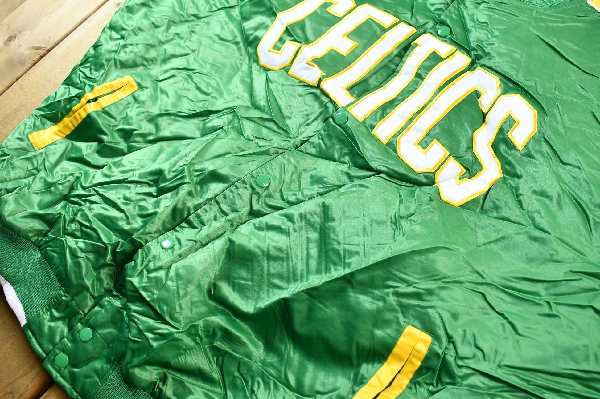 Vintage 1990s Hardwood Classics Boston Celtics NBA Basketball Embroidered Snap Button Satin Bomber Jacket Men's 3XL from propervintagecanada