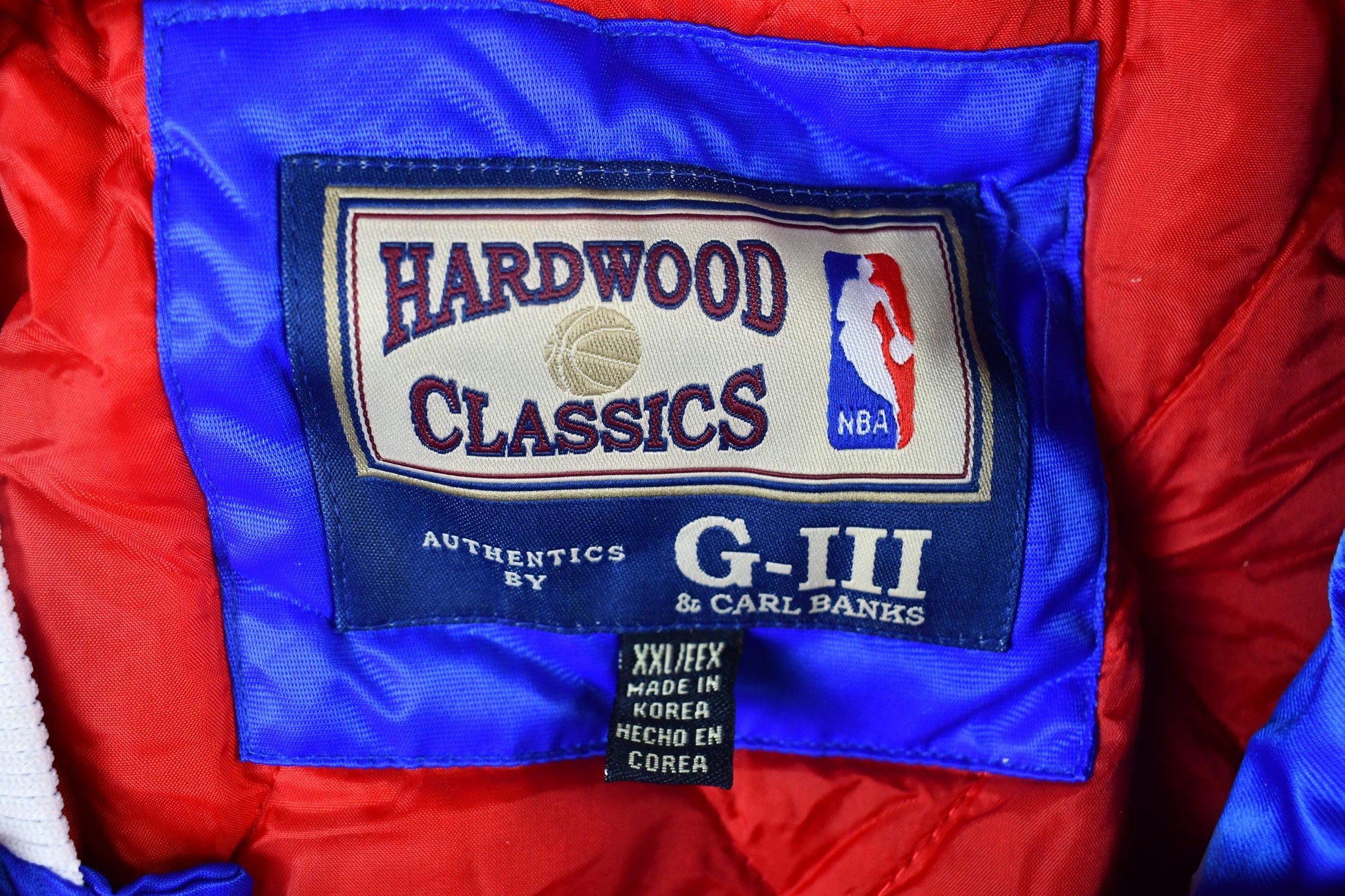Vintage 1990s Hardwood Classics Philadelphia 76ers NBA Basketball Embroidered Snap Button Satin Bomber Jacket Men's 3XL from propervintagecanada
