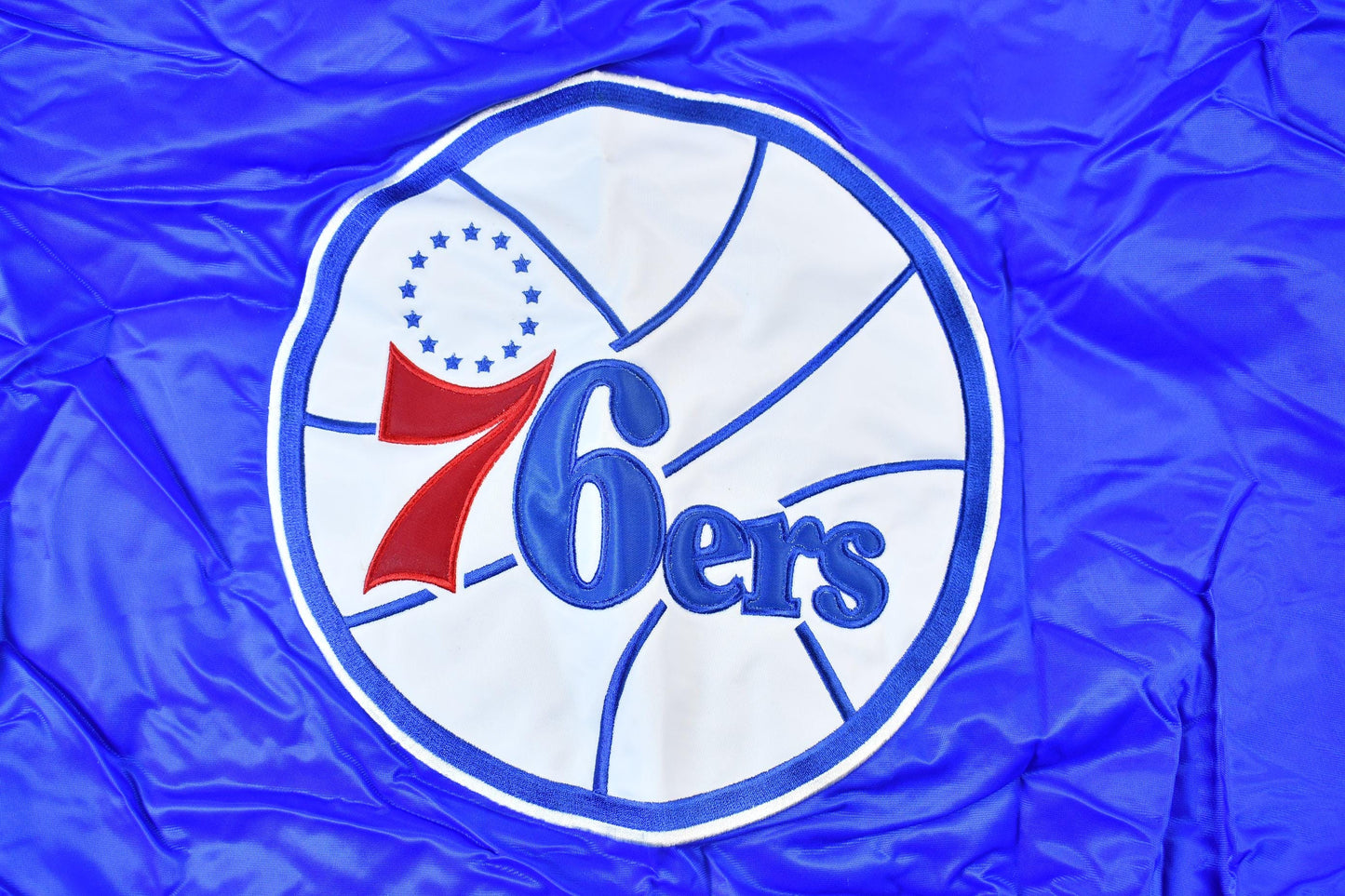 Vintage 1990s Hardwood Classics Philadelphia 76ers NBA Basketball Embroidered Snap Button Satin Bomber Jacket Men's 3XL from propervintagecanada