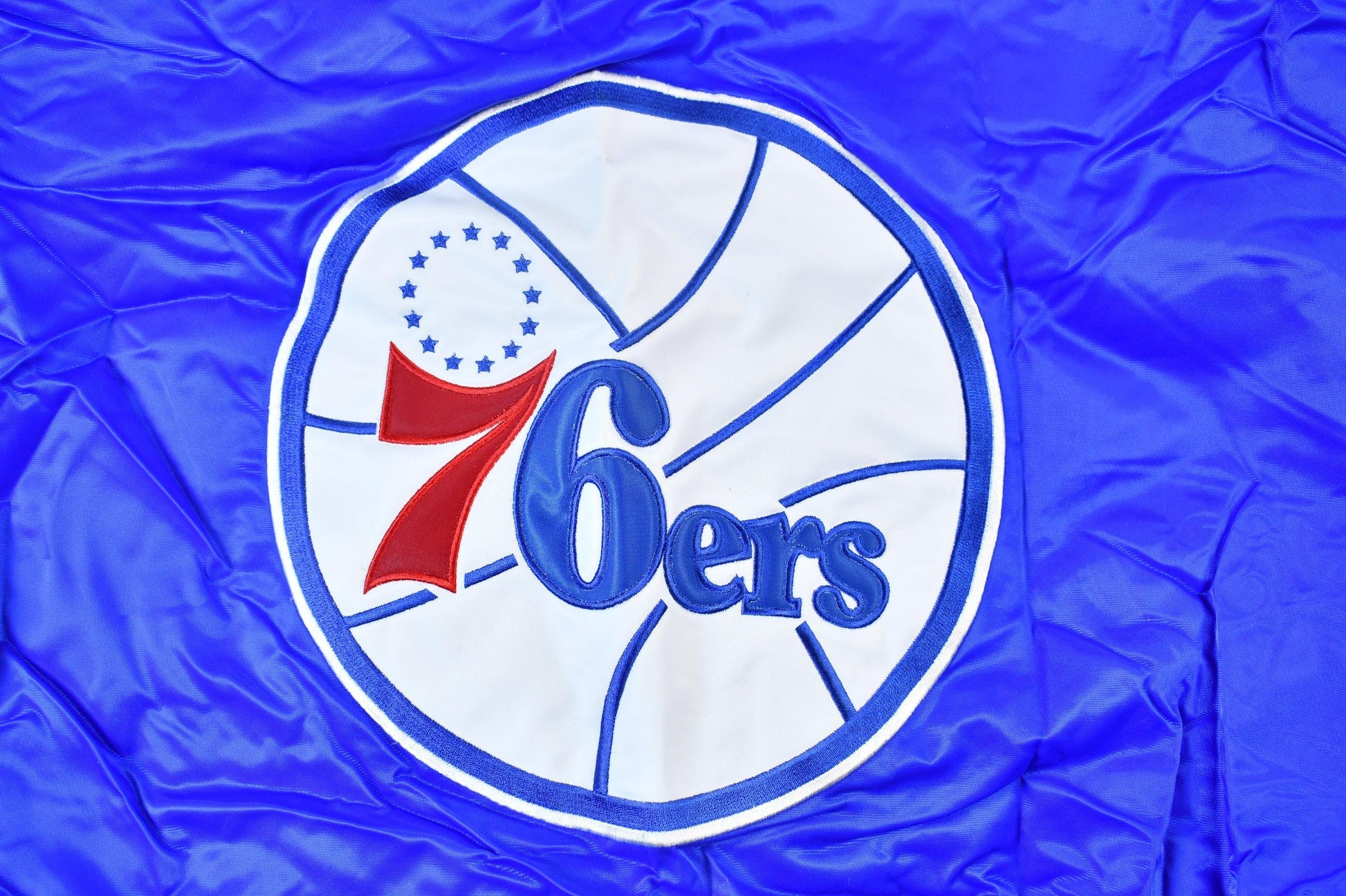 Vintage 1990s Hardwood Classics Philadelphia 76ers NBA Basketball Embroidered Snap Button Satin Bomber Jacket Men's 3XL from propervintagecanada