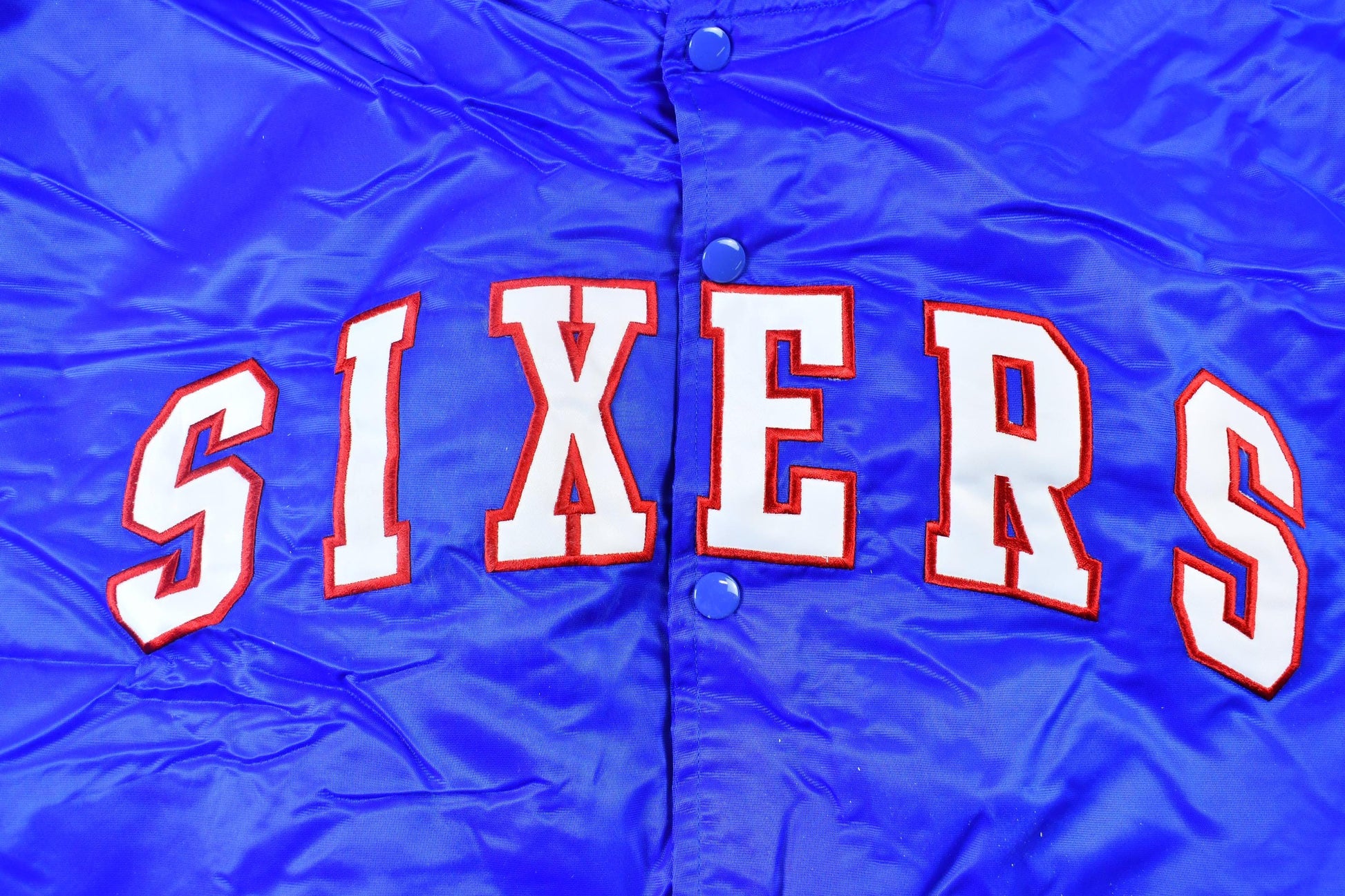 Vintage 1990s Hardwood Classics Philadelphia 76ers NBA Basketball Embroidered Snap Button Satin Bomber Jacket Men's 3XL from propervintagecanada