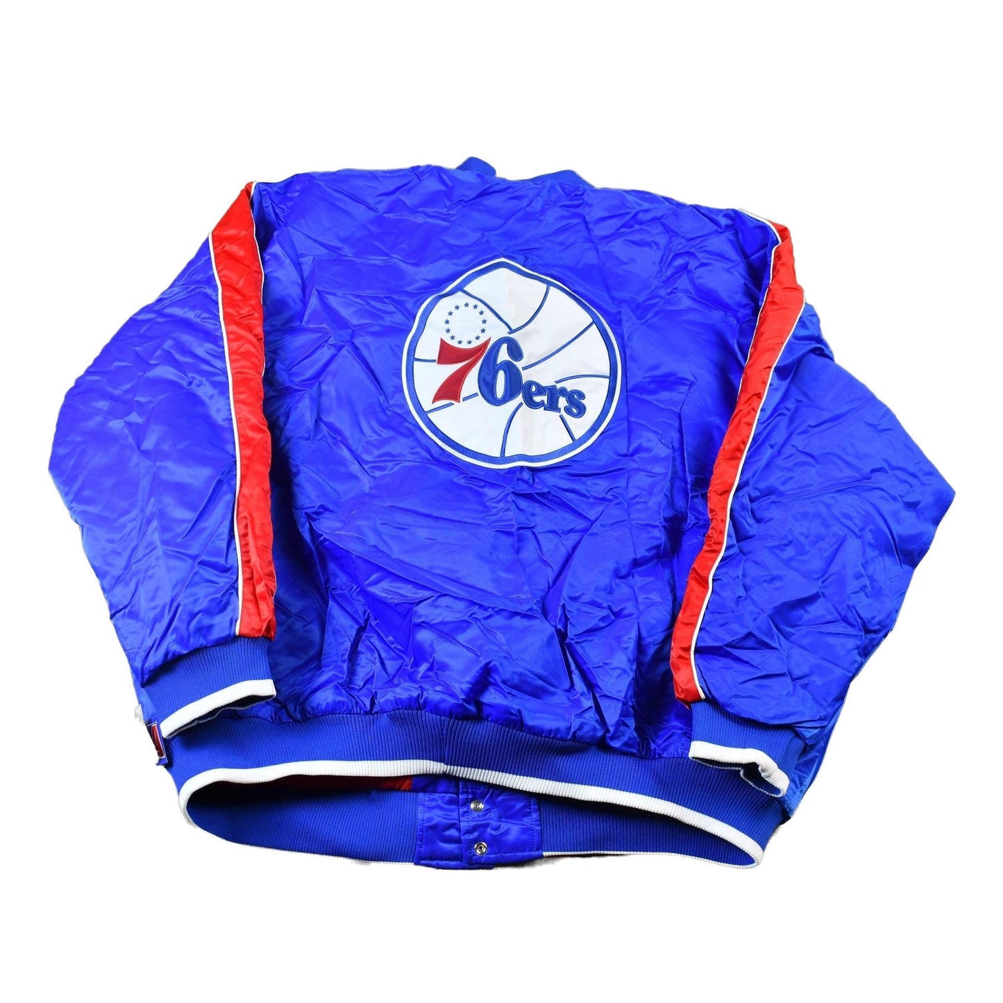Vintage 1990s Hardwood Classics Philadelphia 76ers NBA Basketball Embroidered Snap Button Satin Bomber Jacket Men's 3XL from propervintagecanada