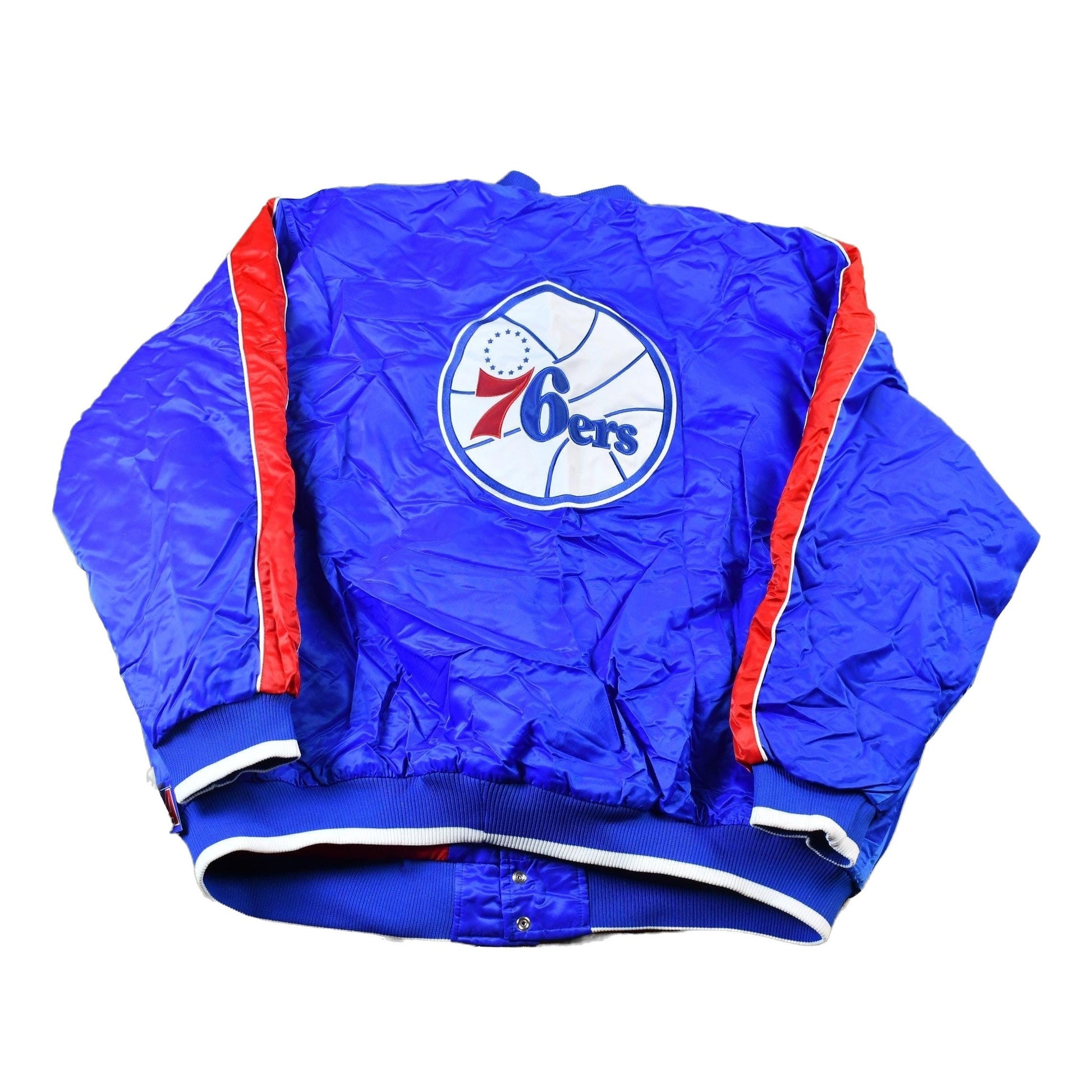 Vintage 1990s Hardwood Classics Philadelphia 76ers NBA Basketball Embroidered Snap Button Satin Bomber Jacket Men's 3XL from propervintagecanada