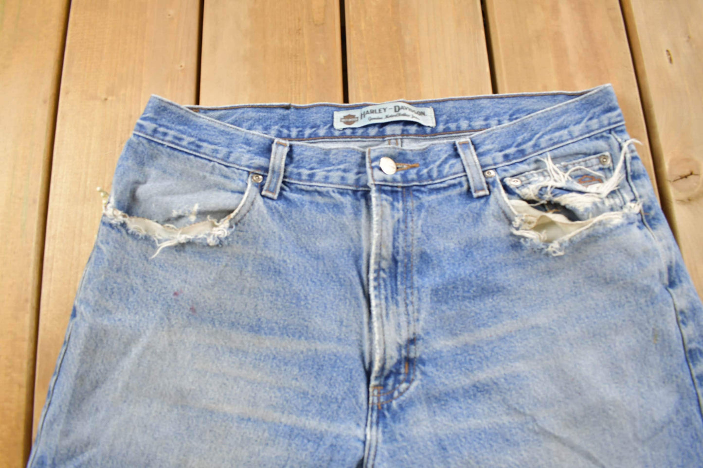 Vintage 1990s Harley Davidson Light Wash Denim Jeans Men's 36 x 28 from propervintagecanada