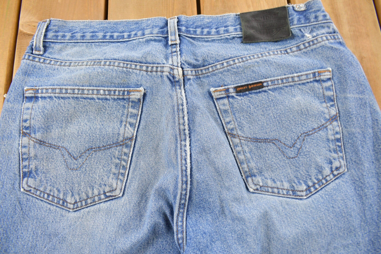 Vintage 1990s Harley Davidson Light Wash Denim Jeans Men's 36 x 28 from propervintagecanada