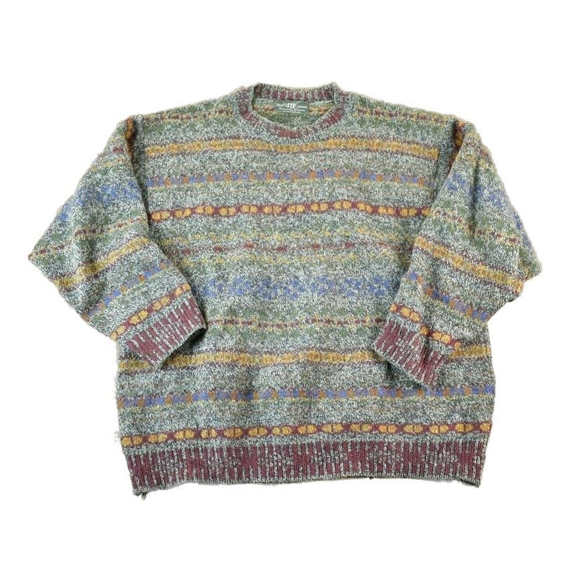 Vintage 1990s Henry Cotton Knit Abstract Pattern Crewneck Sweater Men's XL from propervintagecanada