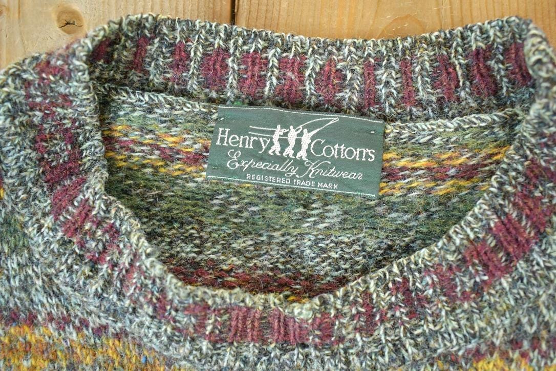 Vintage 1990s Henry Cotton Knit Abstract Pattern Crewneck Sweater Men's XL from propervintagecanada