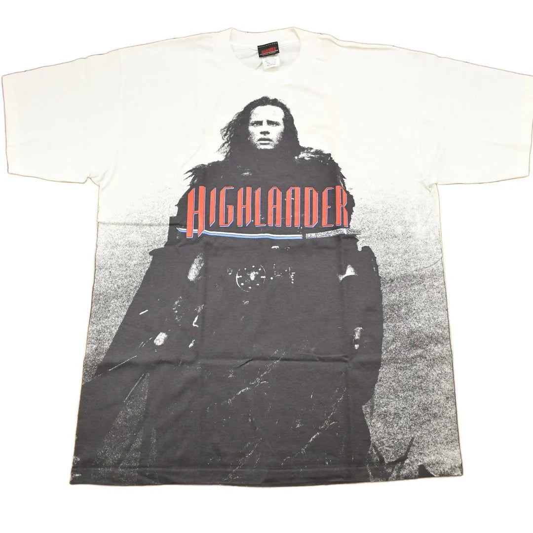 Vintage 1990s Highlander All Over Print Movie Promo T-shirt Men's XL from propervintagecanada
