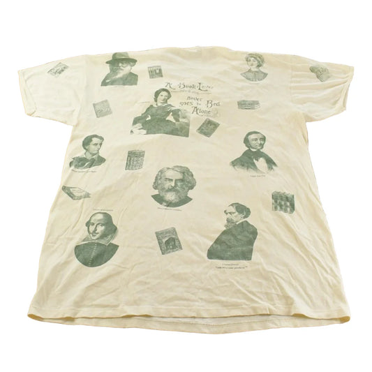 Vintage 1990s Historical Authors All Over Print Sleeping T-Shirt Men's XL from propervintagecanada