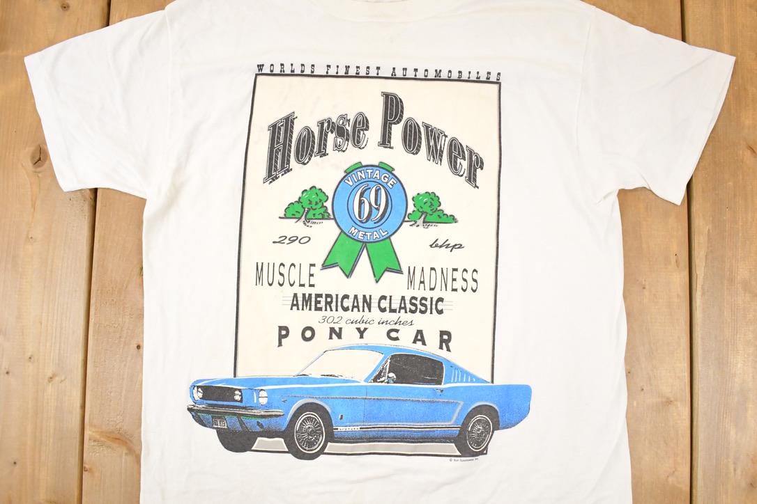Vintage 1990s Horsepower Pony Car Souvenir Automotive T-Shirt Men's L from propervintagecanada