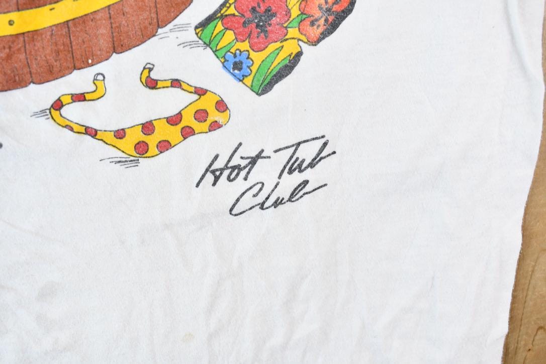 Vintage 1990s Hot Tub Club Tropical Penguins Single Stitch Graphic T-Shirt Men's Small from propervintagecanada