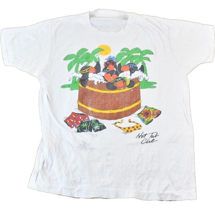 Vintage 1990s Hot Tub Club Tropical Penguins Single Stitch Graphic T-Shirt Men's Small from propervintagecanada