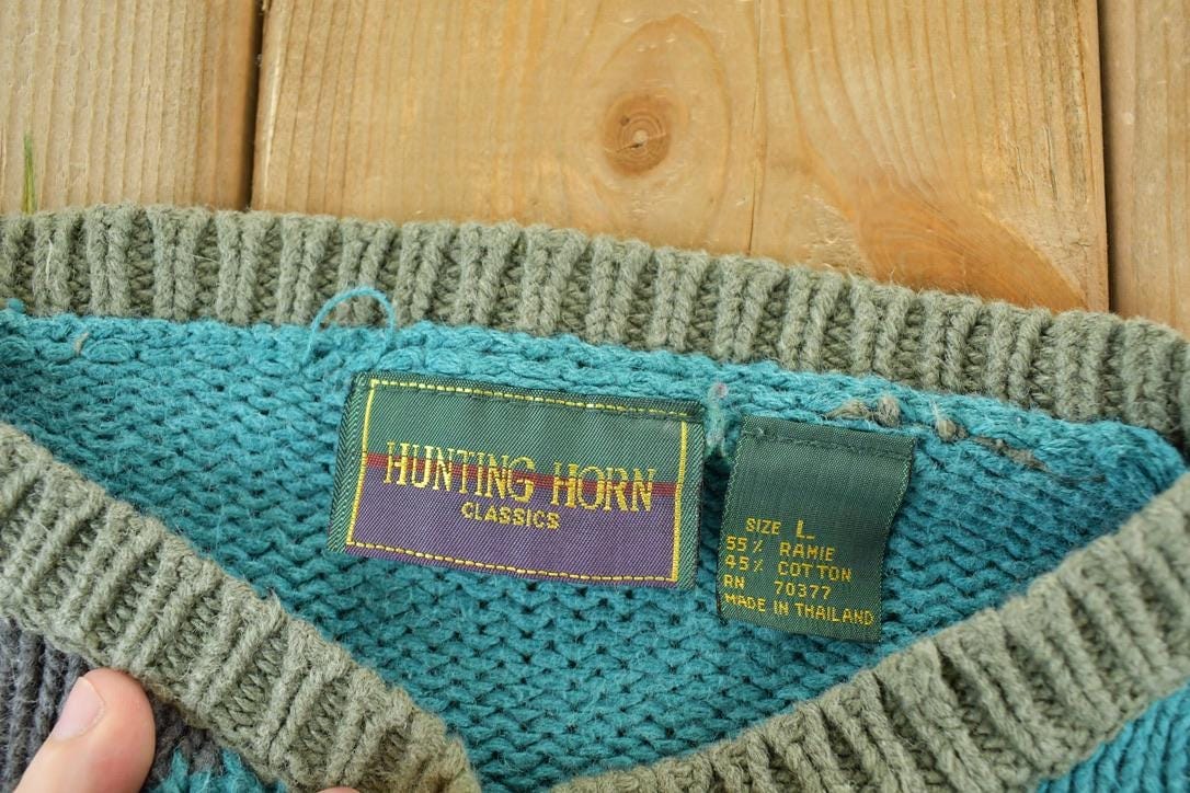 Vintage 1990s Hunting Horn Knit Colour Block Crewneck Sweater Men's XL from propervintagecanada