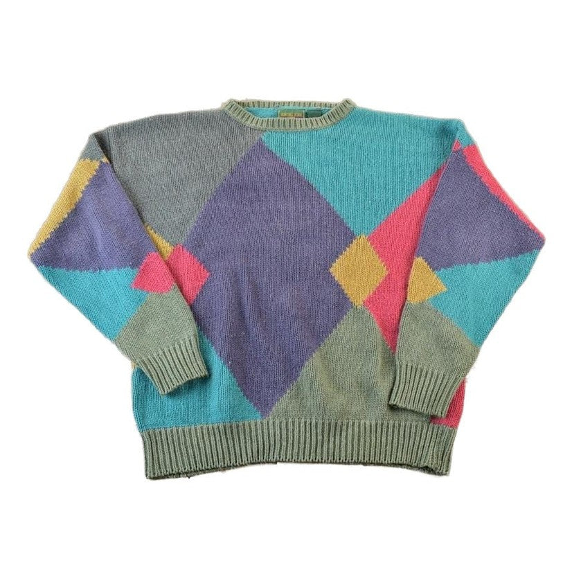 Vintage 1990s Hunting Horn Knit Colour Block Crewneck Sweater Men's XL from propervintagecanada