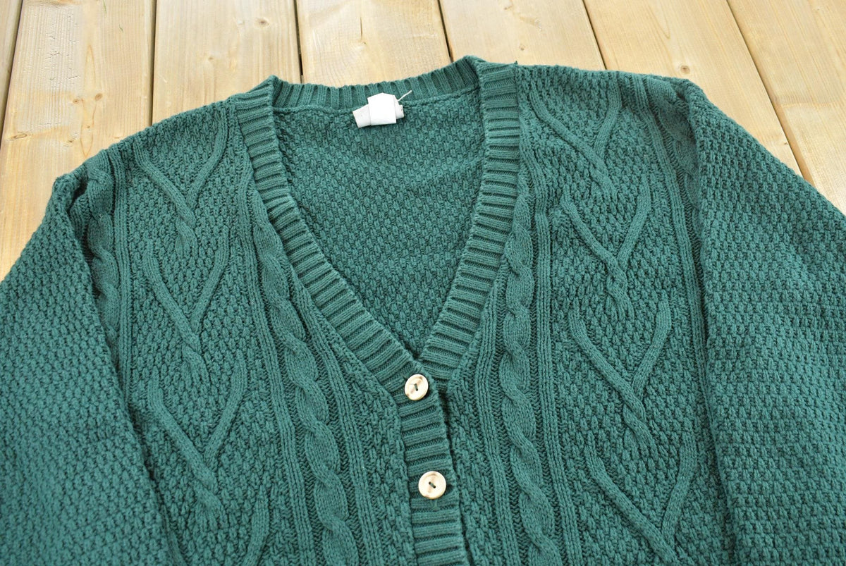 Vintage 1990s Huntington Ridge Cable Knit Cotton Cardigan Sweater Women's M from propervintagecanada