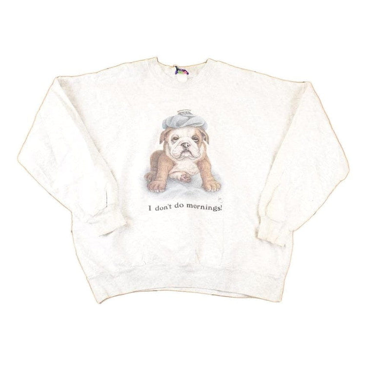 Vintage 1990s I Don't Do Mornings Bulldog Graphic Print Crewneck Sweatshirt Men's XL from propervintagecanada